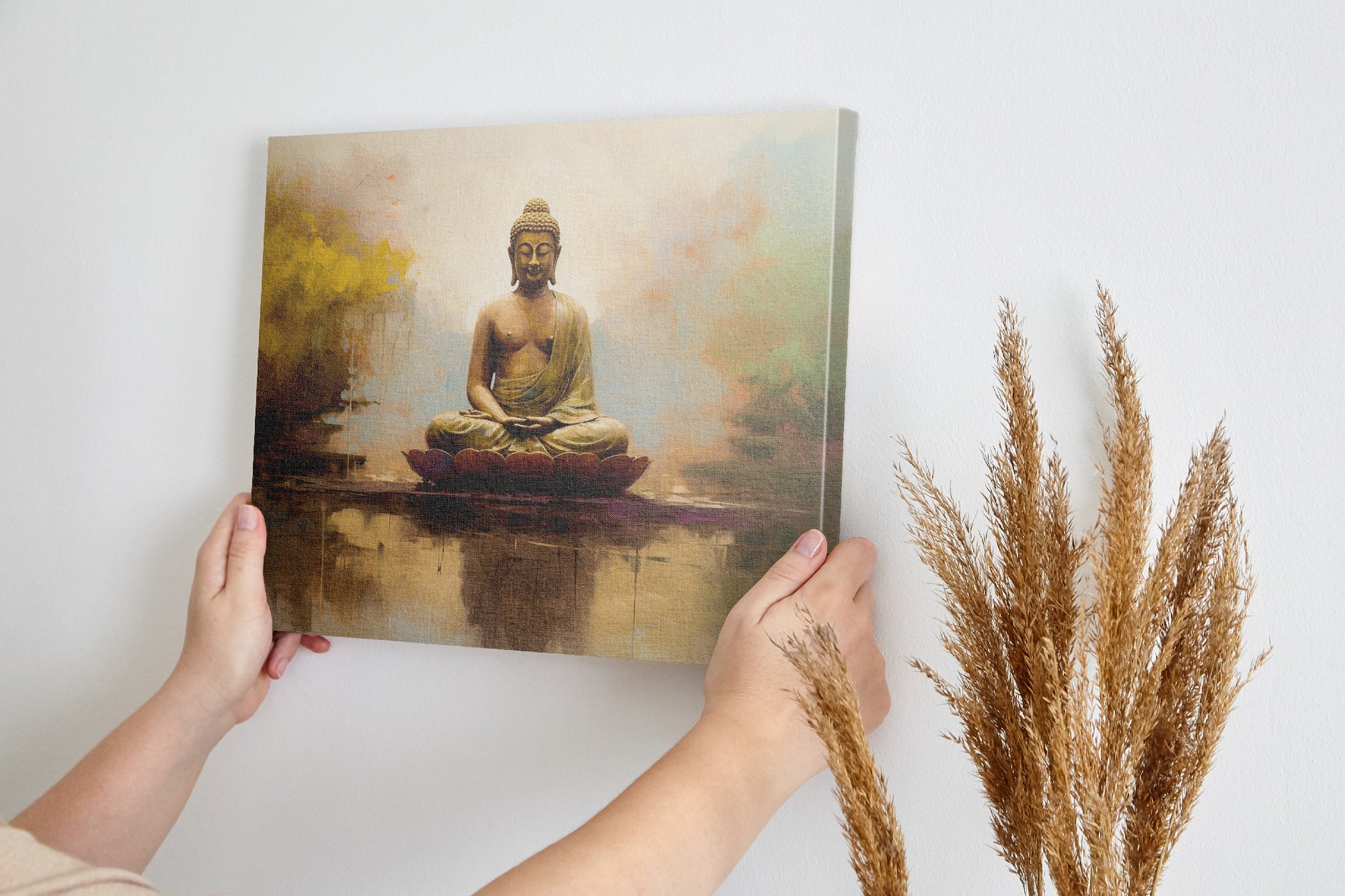 Framed canvas print of serene meditating Buddha in golden hues with reflective background