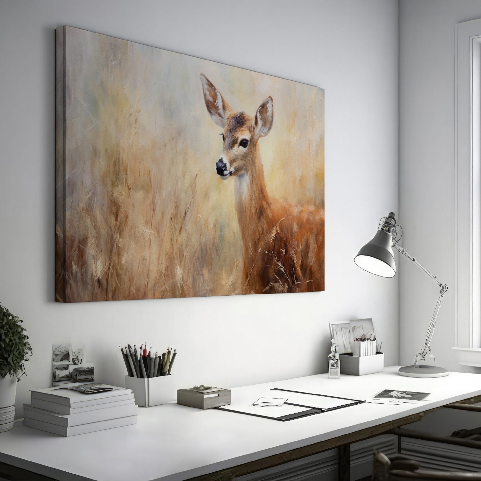 Framed canvas print of an impressionist painting of a deer with warm earthy tones