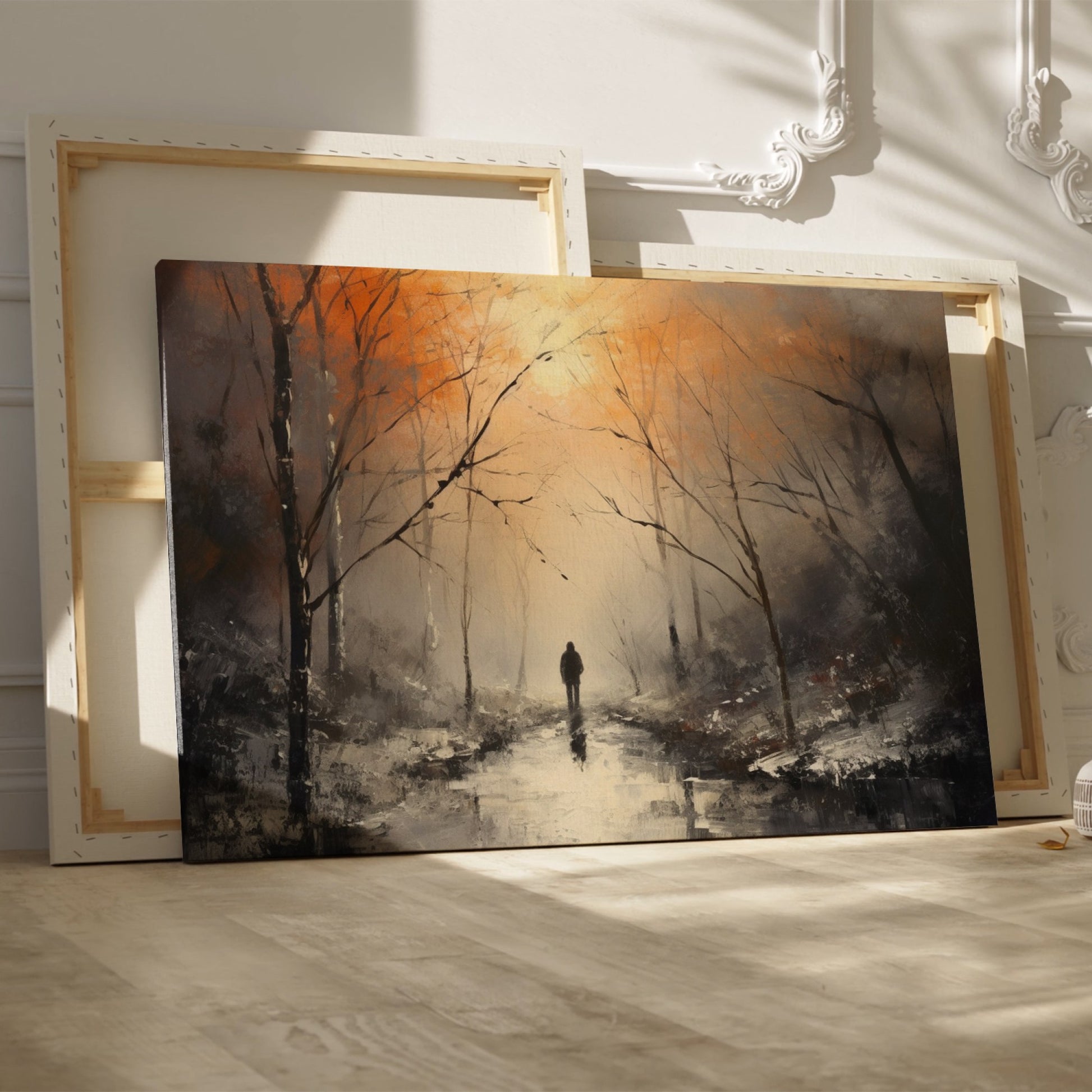 Framed canvas print of a solitary figure walking through a misty, autumnal forest with warm, glowing light