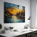 Framed canvas print of vibrant sunset with cityscape reflection over water and textured brush strokes