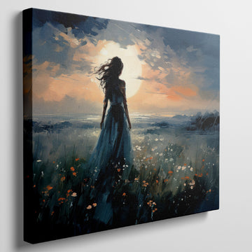 Framed canvas print of a figure in a meadow at sunset with dramatic sky and expressive brushstrokes