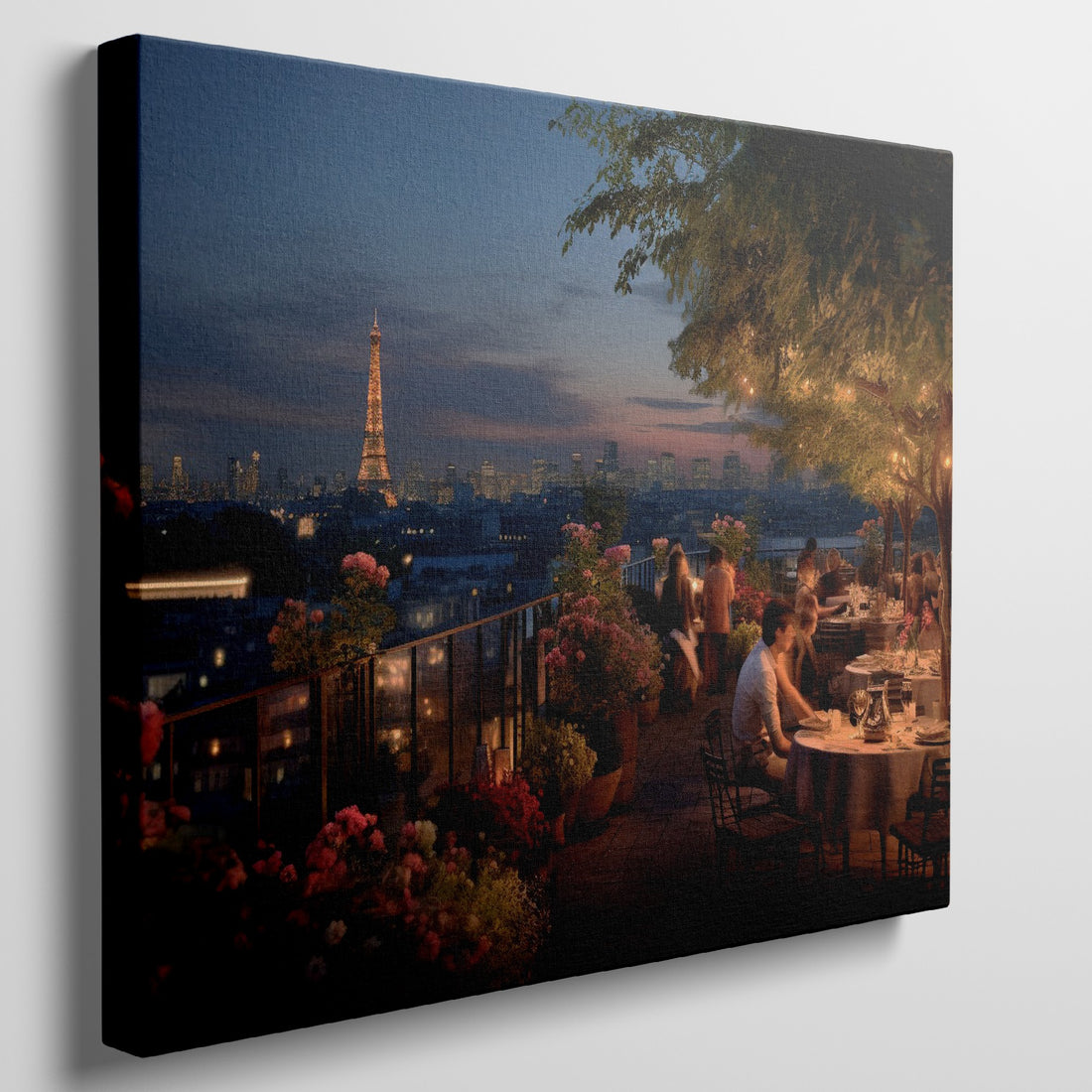 Framed canvas print of a romantic rooftop dining scene in Paris with Eiffel Tower in the background