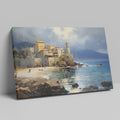 Framed canvas print of a Mediterranean coastal scene with historic buildings and calm blue waters