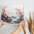 Framed canvas print of Oriental landscape with cherry blossoms and pagoda