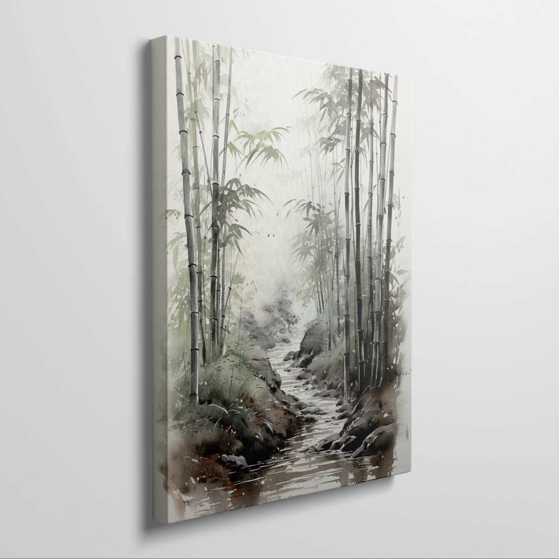 Framed canvas print of tranquil bamboo forest and stream in watercolour