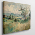 Framed canvas print of a watercolour countryside landscape with vibrant greens and soft skies