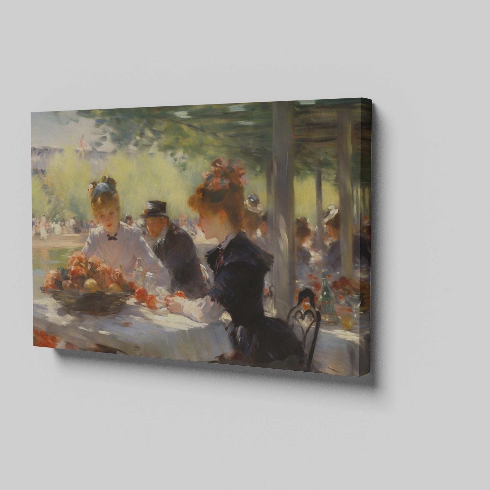 Framed canvas print of a 19th-century Impressionist dining scene with figures in elegant attire.