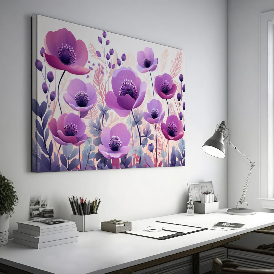 Framed canvas print of stylised anemone flowers in lavender and mauve hues