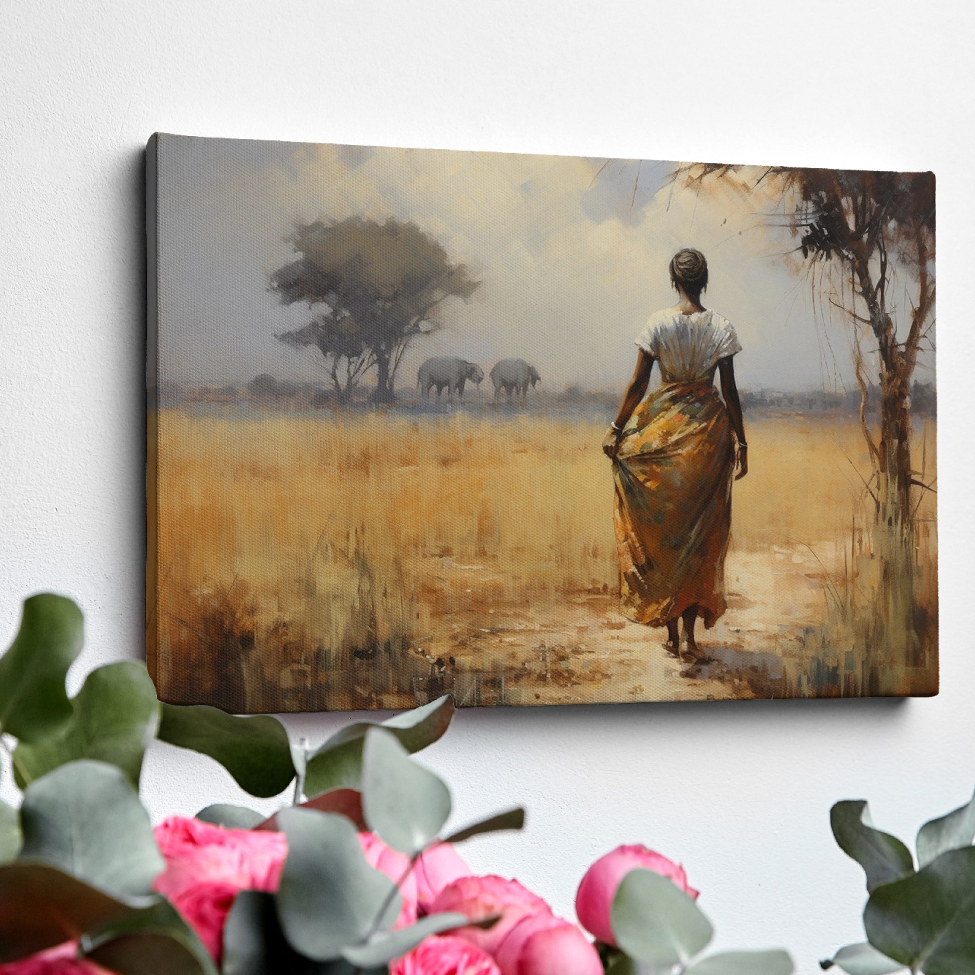 Framed canvas print of an impressionist African Savannah with a woman in traditional dress and elephant herd