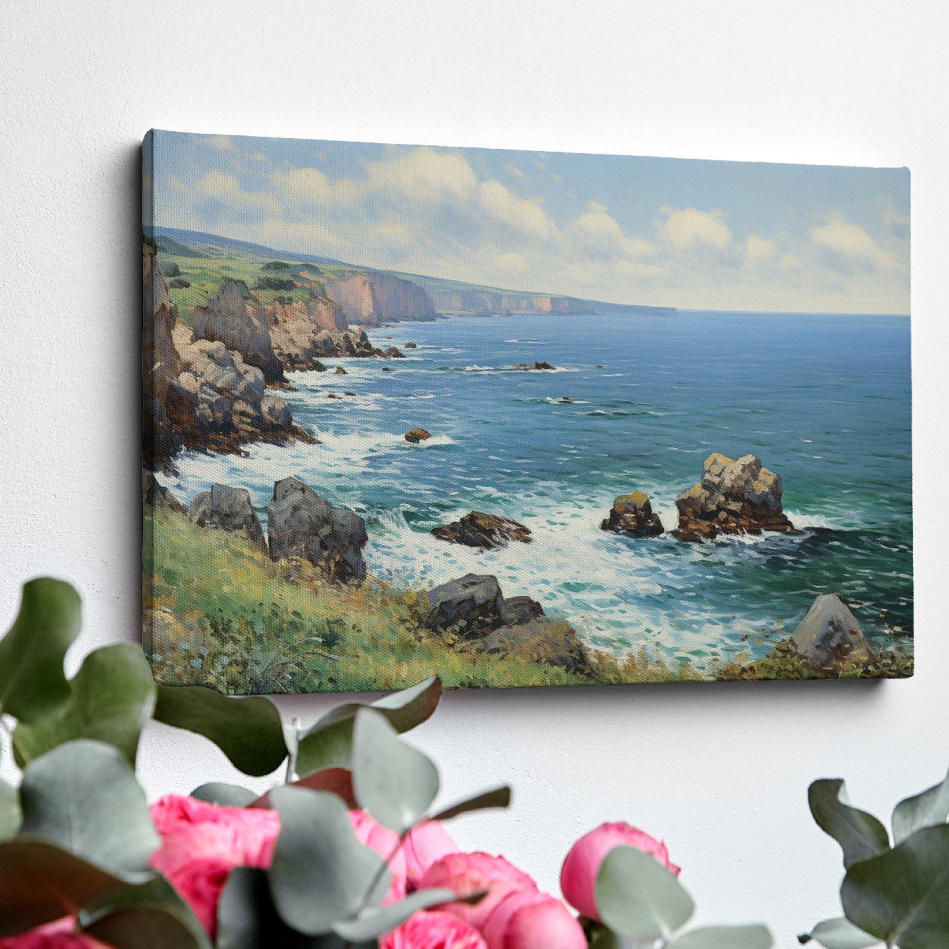 Framed canvas print of a stunning coastal cliff landscape with blue ocean and sunny skies