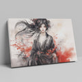 Framed canvas print of an ethereal geisha in ink and watercolour with red splashes