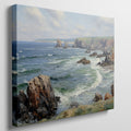 Framed canvas print of a serene seascape with ocean waves, cliffs, and blue skies