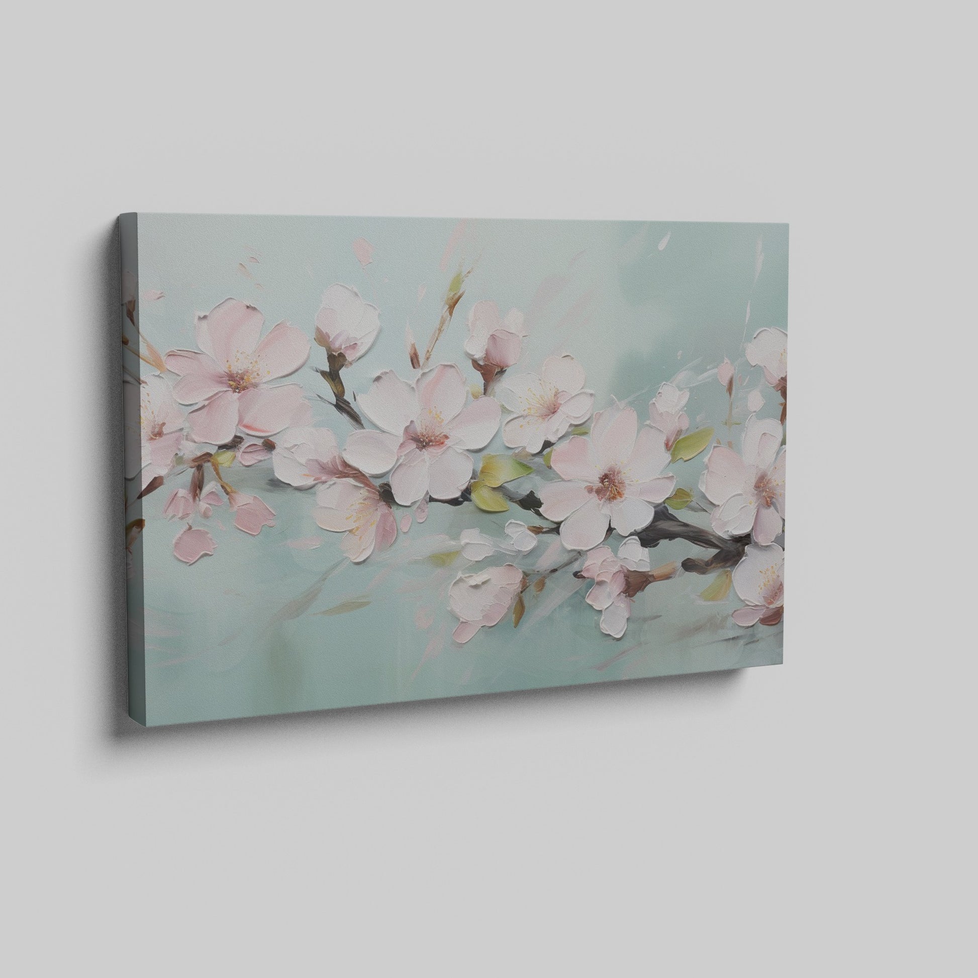 Framed canvas print of pastel cherry blossom flowers in impasto style