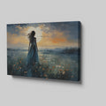 Framed canvas print of a figure in a meadow at sunset with dramatic sky and expressive brushstrokes