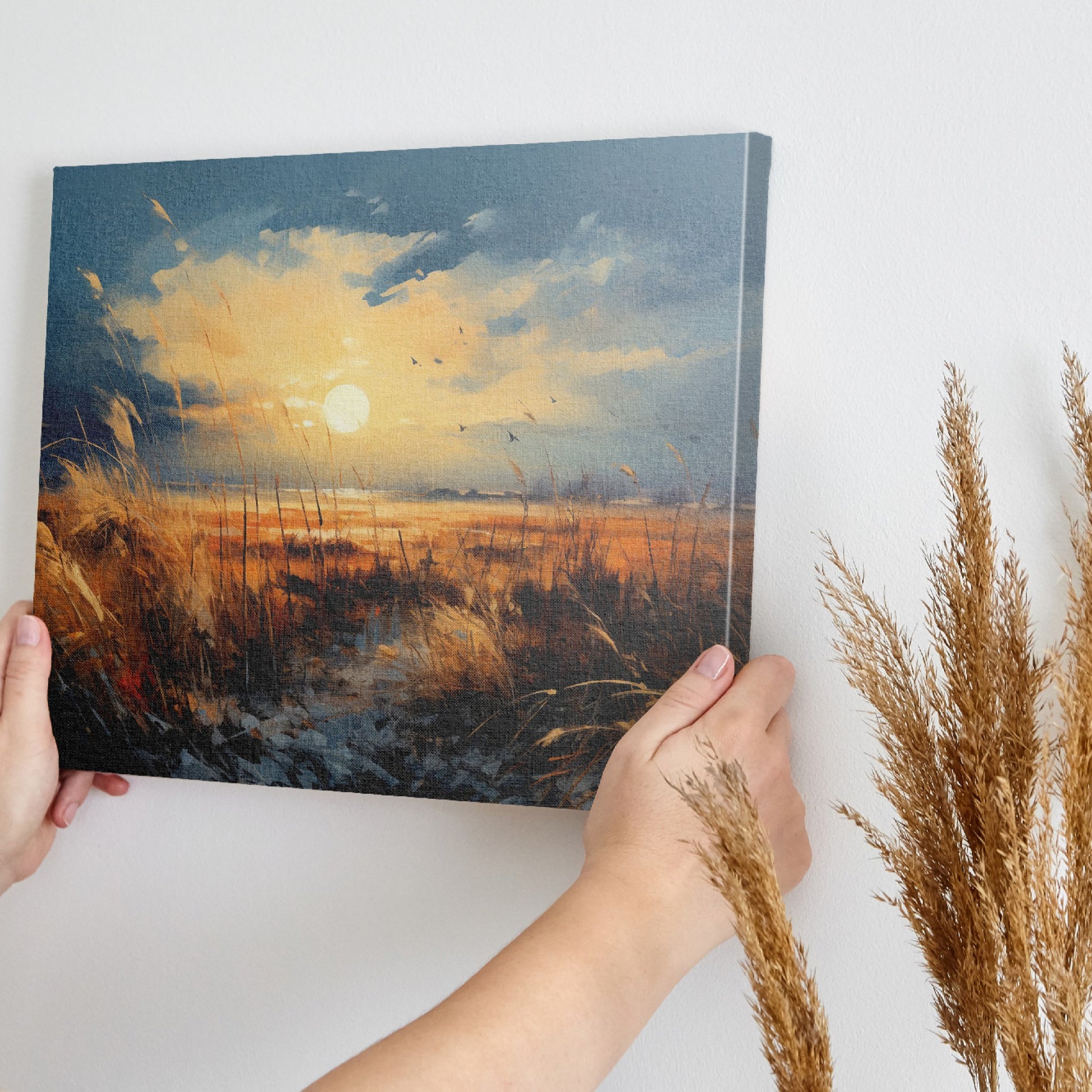 Framed canvas print of a rustic sunset with tall grasses and birds against a dramatic sky