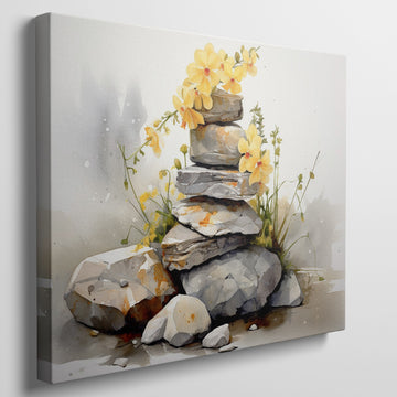 Framed canvas print of watercolour stones stacked with yellow flowers