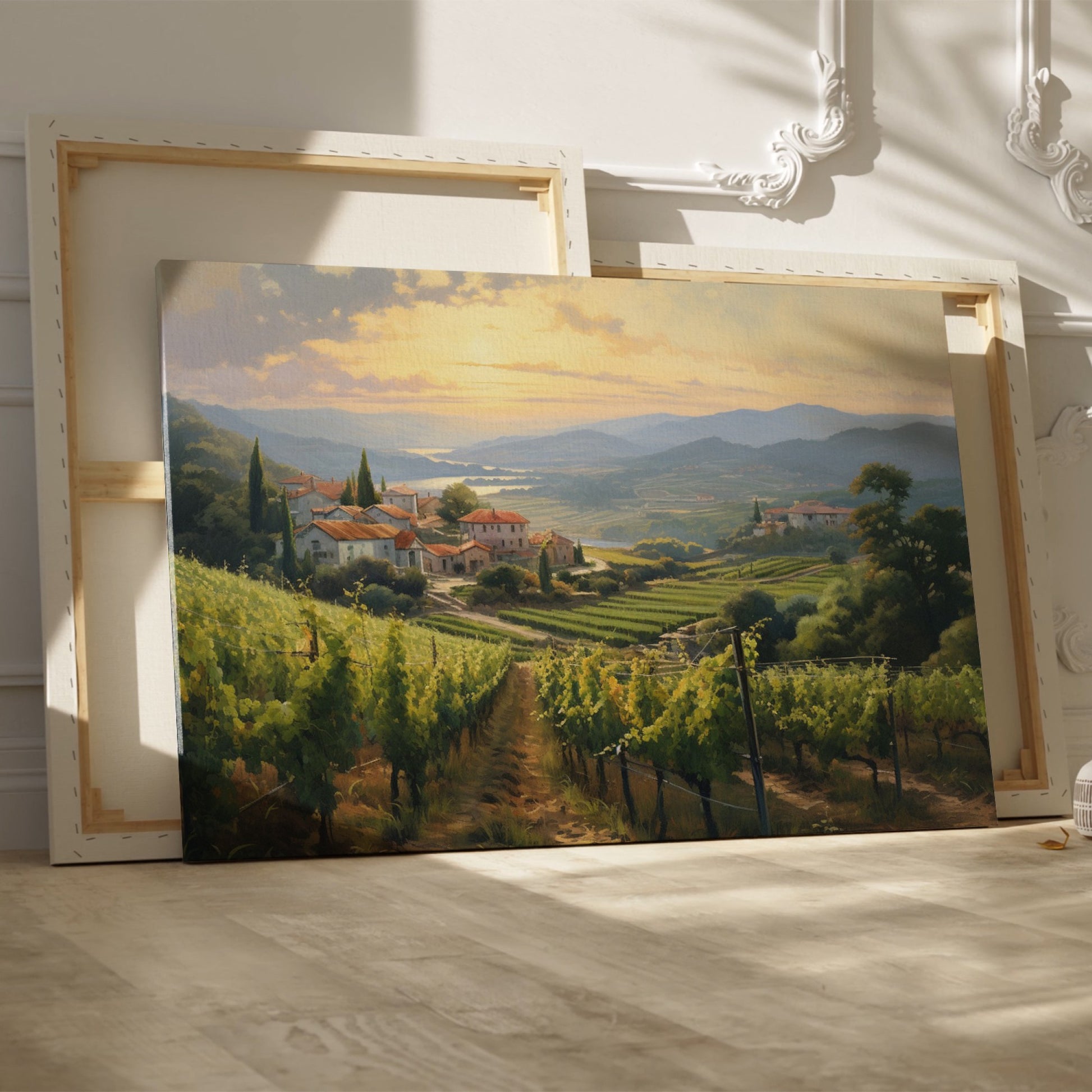 Framed canvas print of a Tuscan vineyard at sunset with warm golden hues and terracotta houses