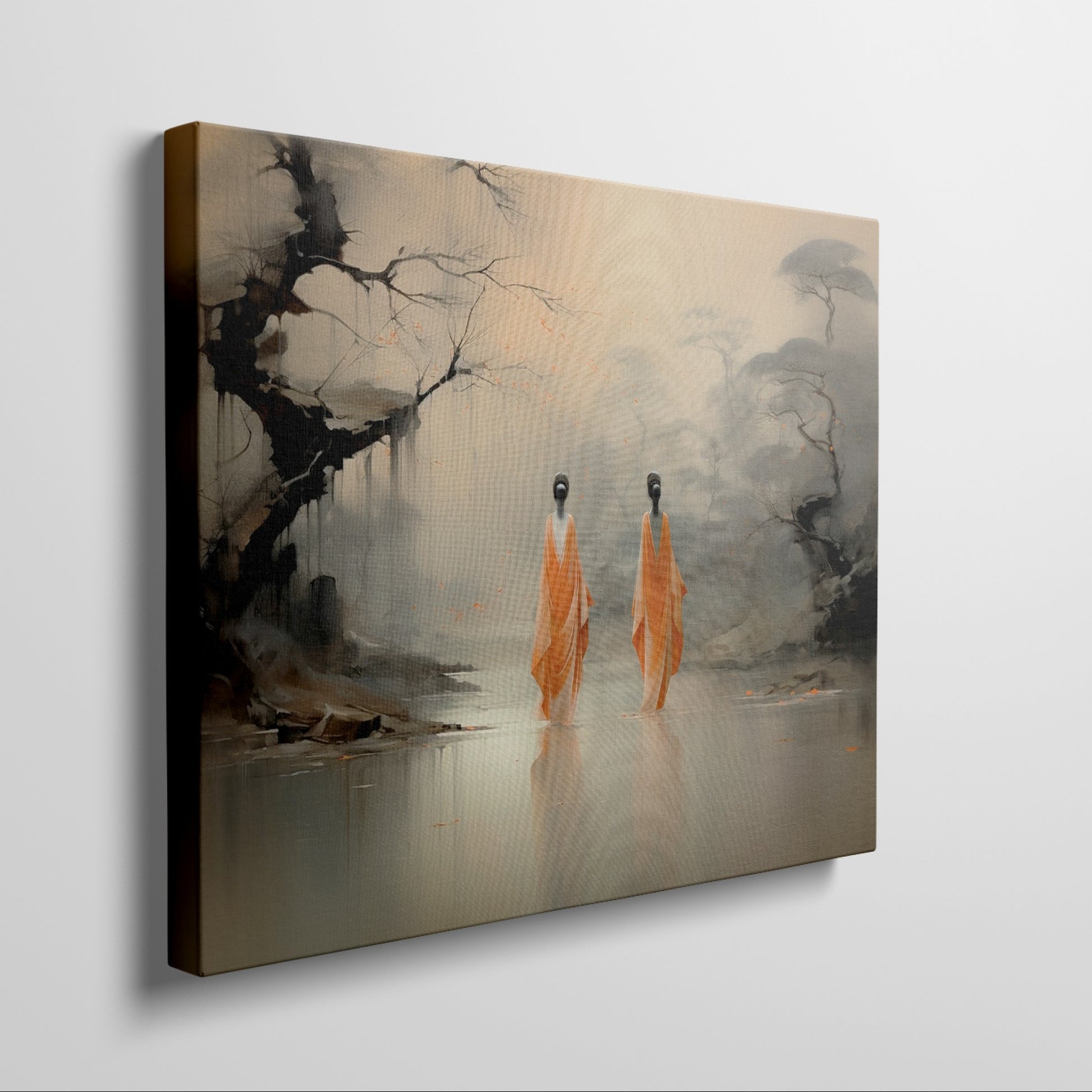 Framed canvas print of monastic figures in saffron robes by a misty river amidst autumn trees