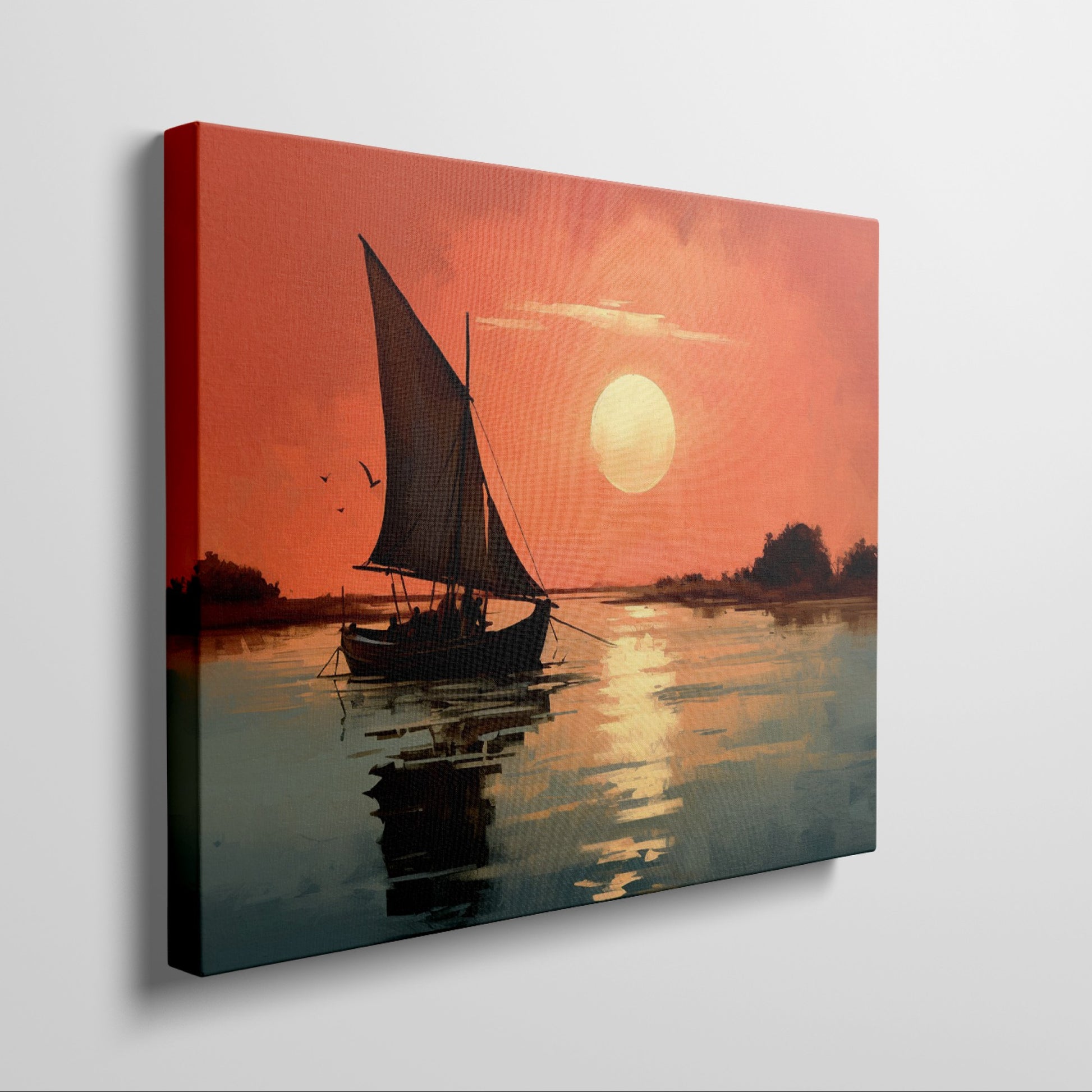 Framed canvas print of a sailboat against an orange sunset with water reflections