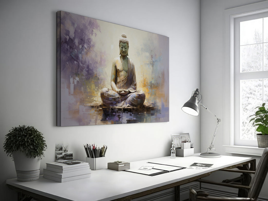 Framed canvas print depicting a serene Buddha in meditation, with textured strokes and a peaceful color palette