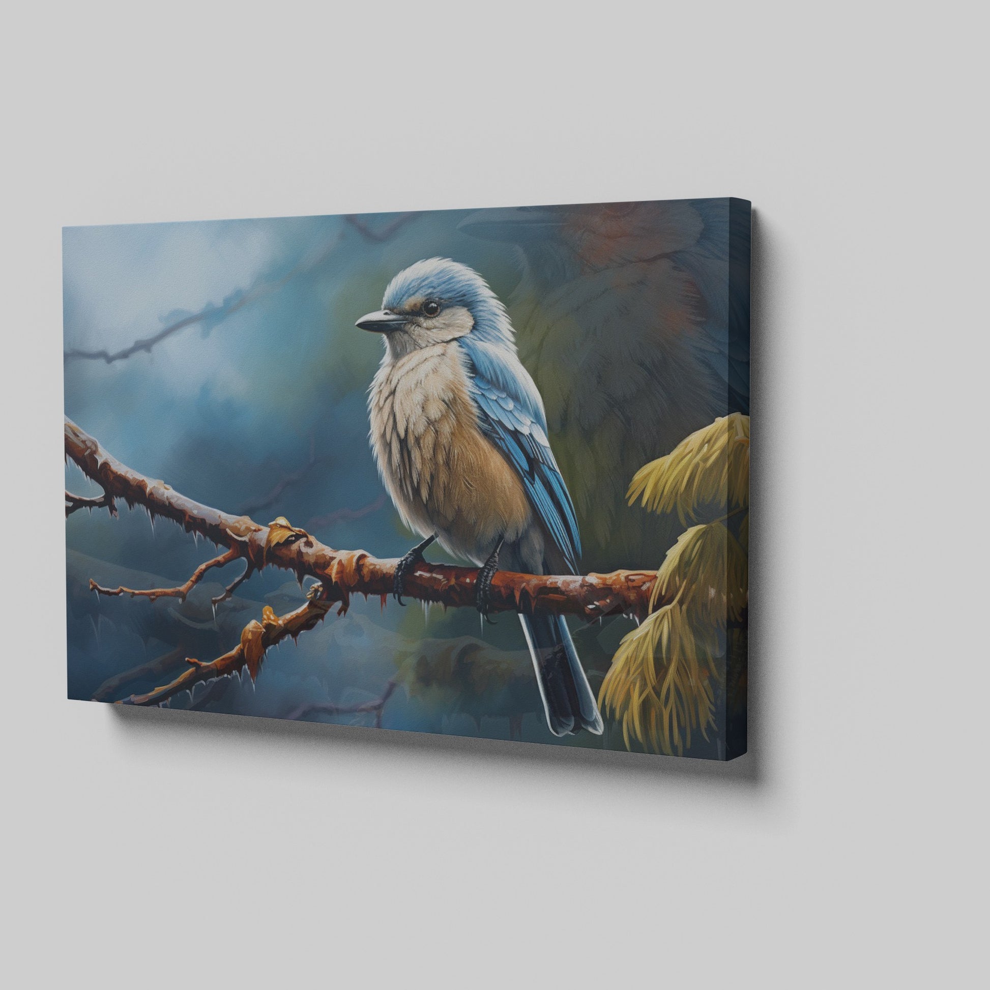 Framed canvas print of a realistic blue jay perched on a branch with intricate detail and vibrant colours