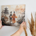 Framed canvas print of traditional Chinese pagoda landscape with figures in kimonos and cherry blossoms