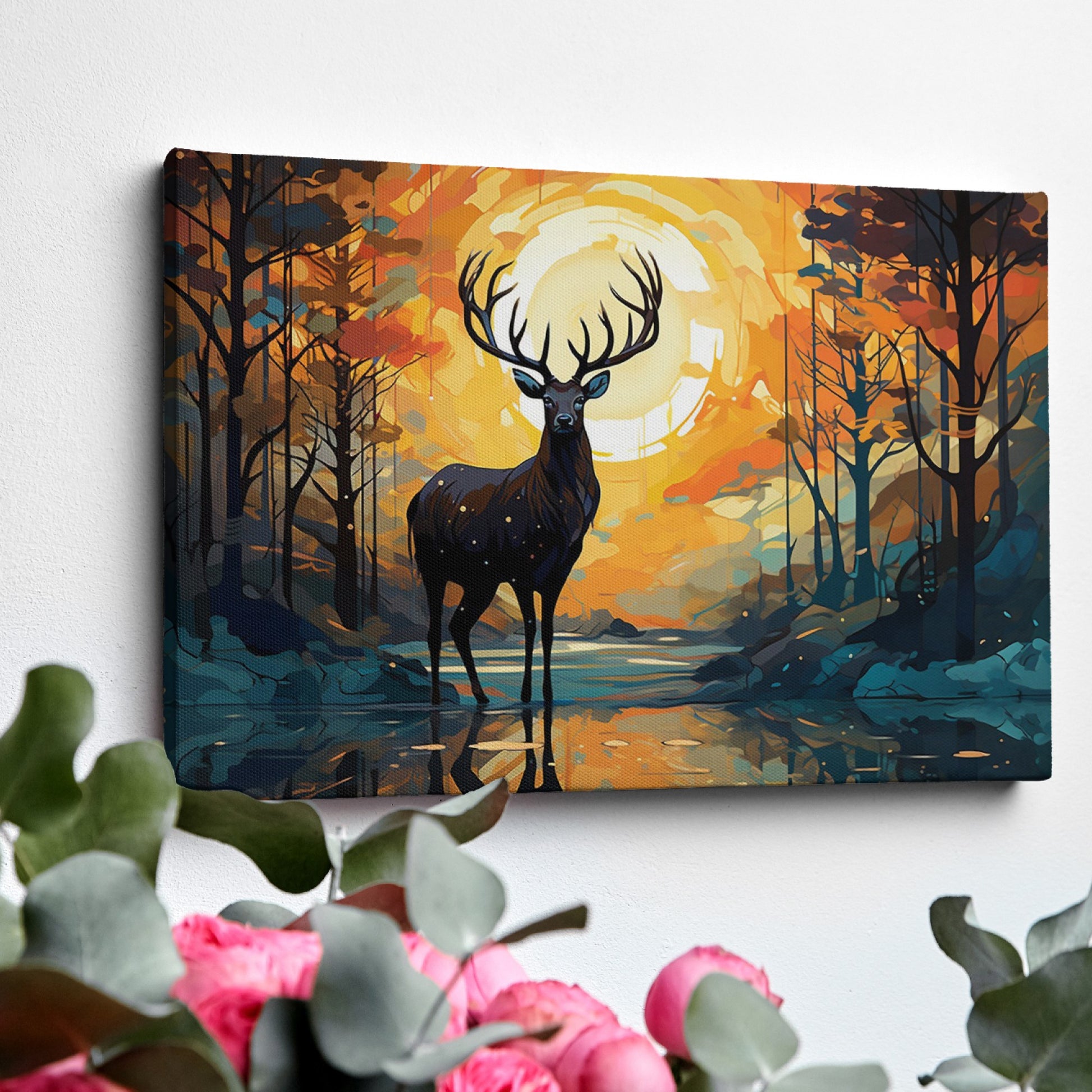 Abstract canvas art of a deer in a sunset forest scene with vibrant orange and blue colors.