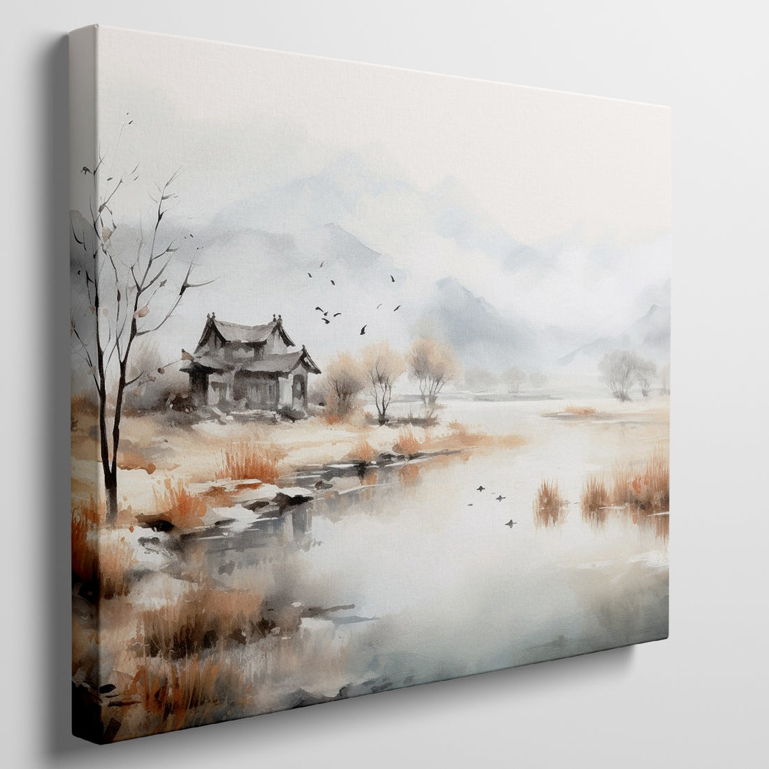 Watercolour painting of a serene Asian landscape with a traditional temple and calm lake