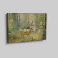 Framed canvas print of an Impressionist-style painting depicting a deer in a luminous, green forest