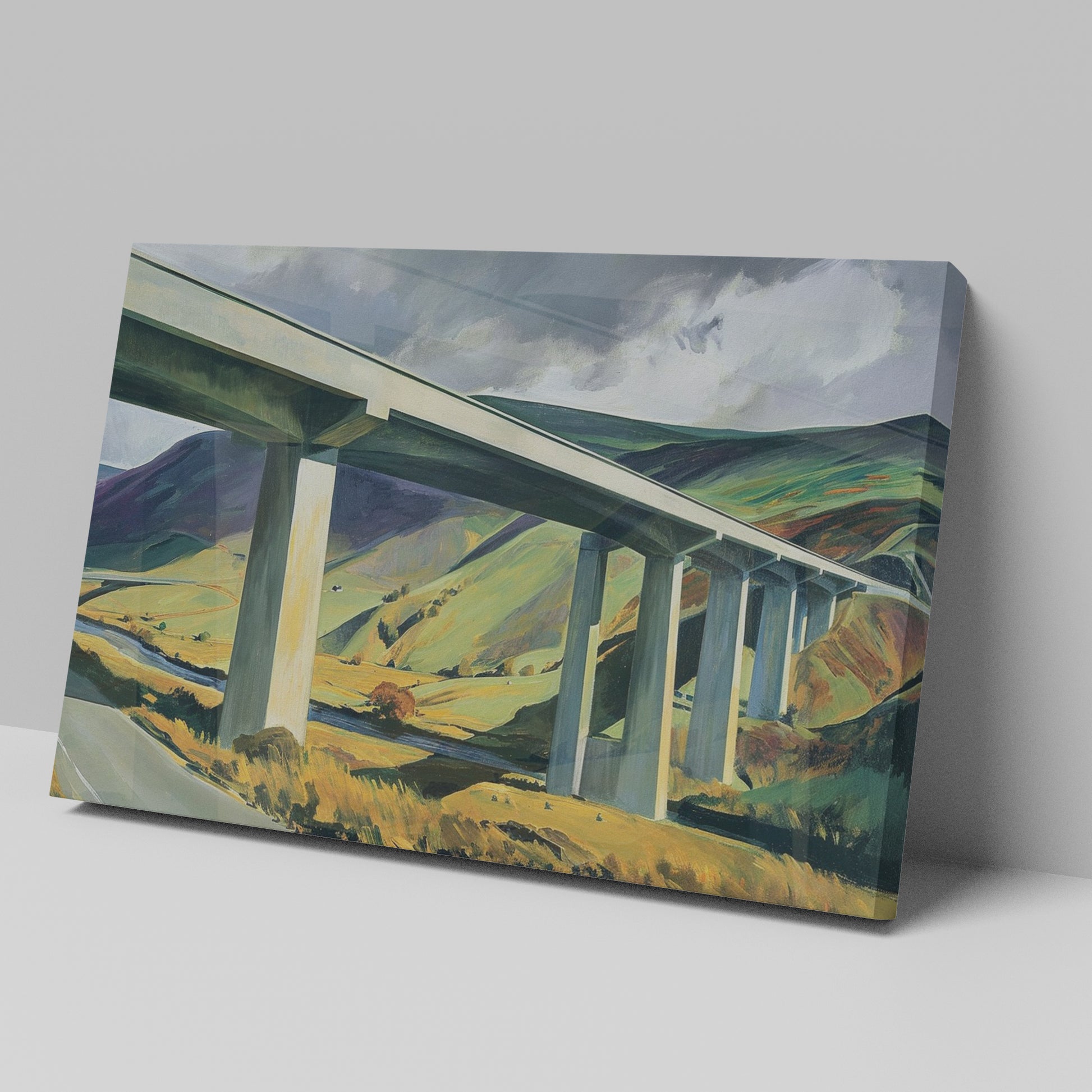 Framed canvas print of a modern landscape with a bridge over rural countryside