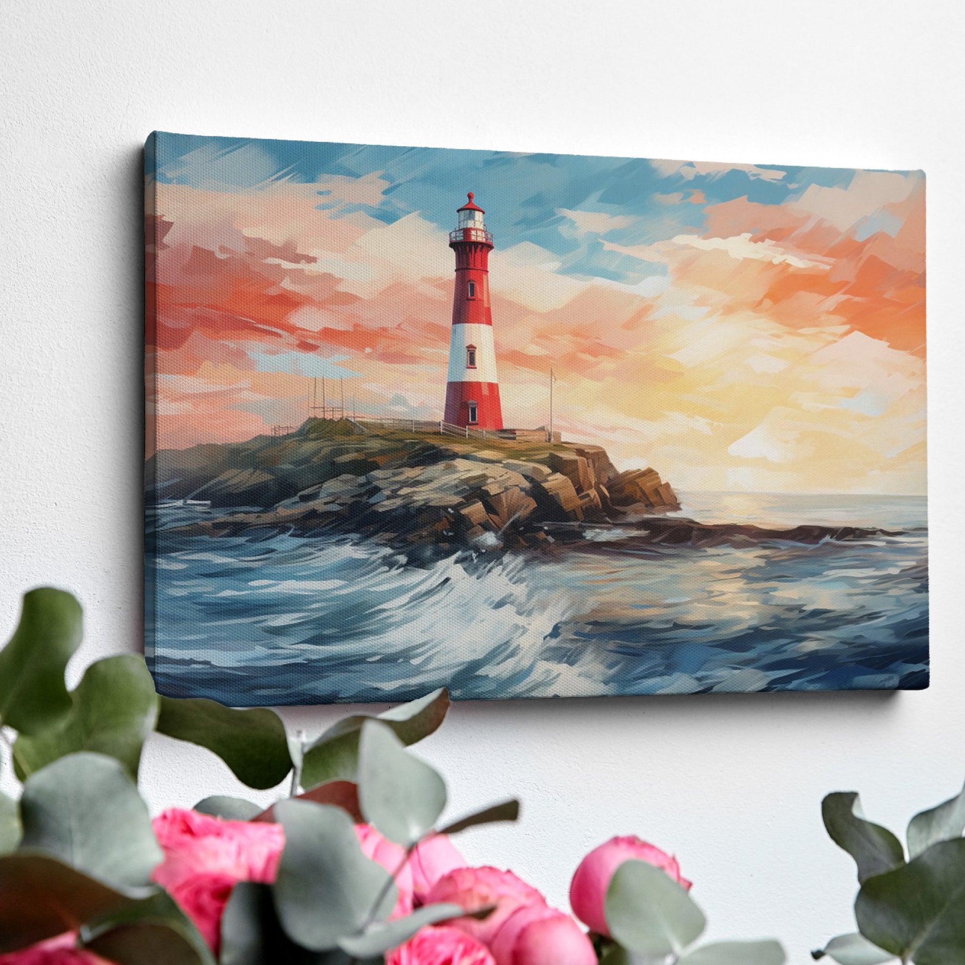 Framed canvas print of a vibrant sunset seascape with a red and white lighthouse on a cliff