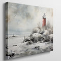 A red lighthouse on a snowy coastline with a figure at a distance and seagulls in the wintry sky.