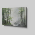 Framed canvas print of a misty bamboo forest in watercolour style with green and grey hues