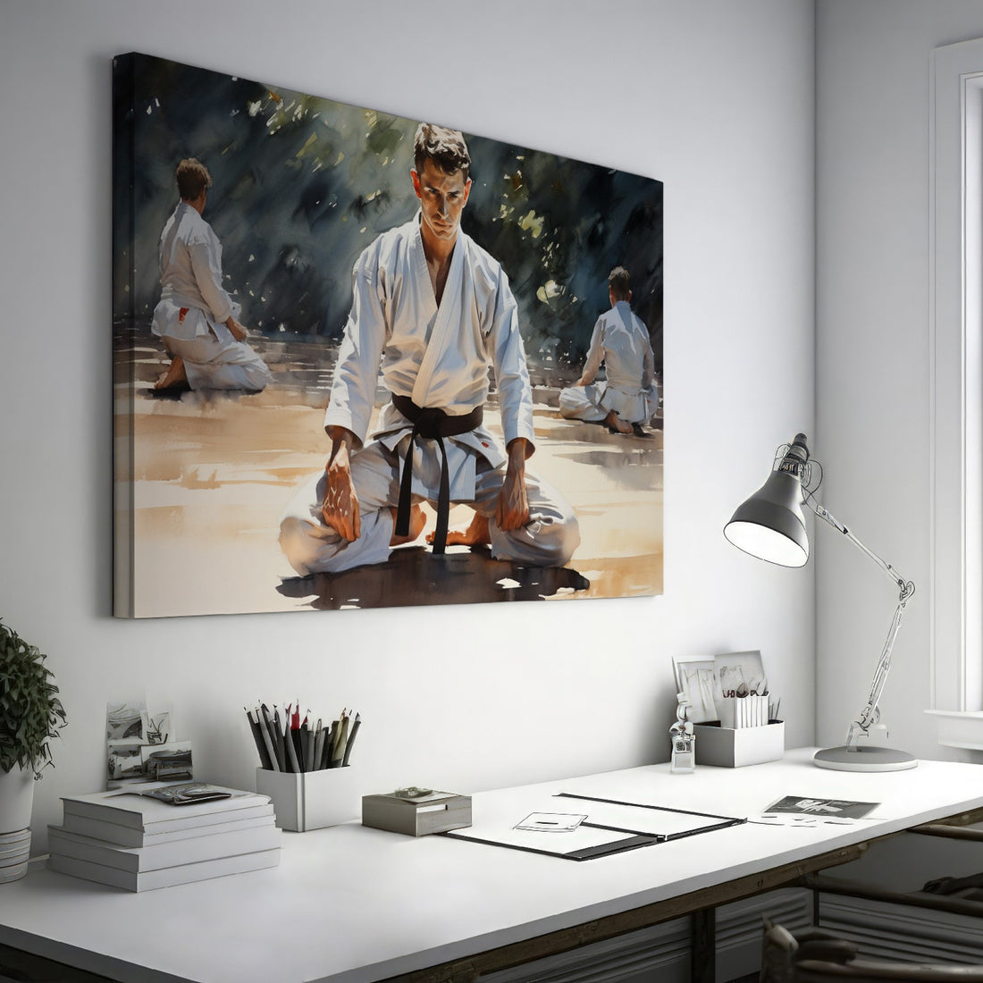 Framed canvas print of martial artists in meditation at a dojo