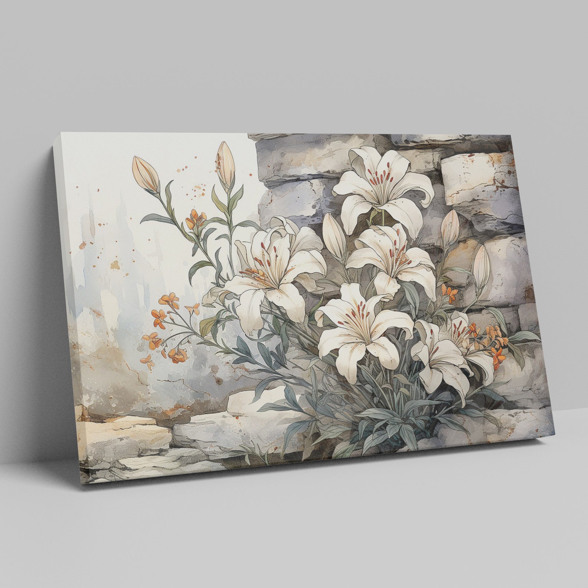 Framed canvas print of elegant white lilies with orange flowers against a rustic stone background, in watercolour style