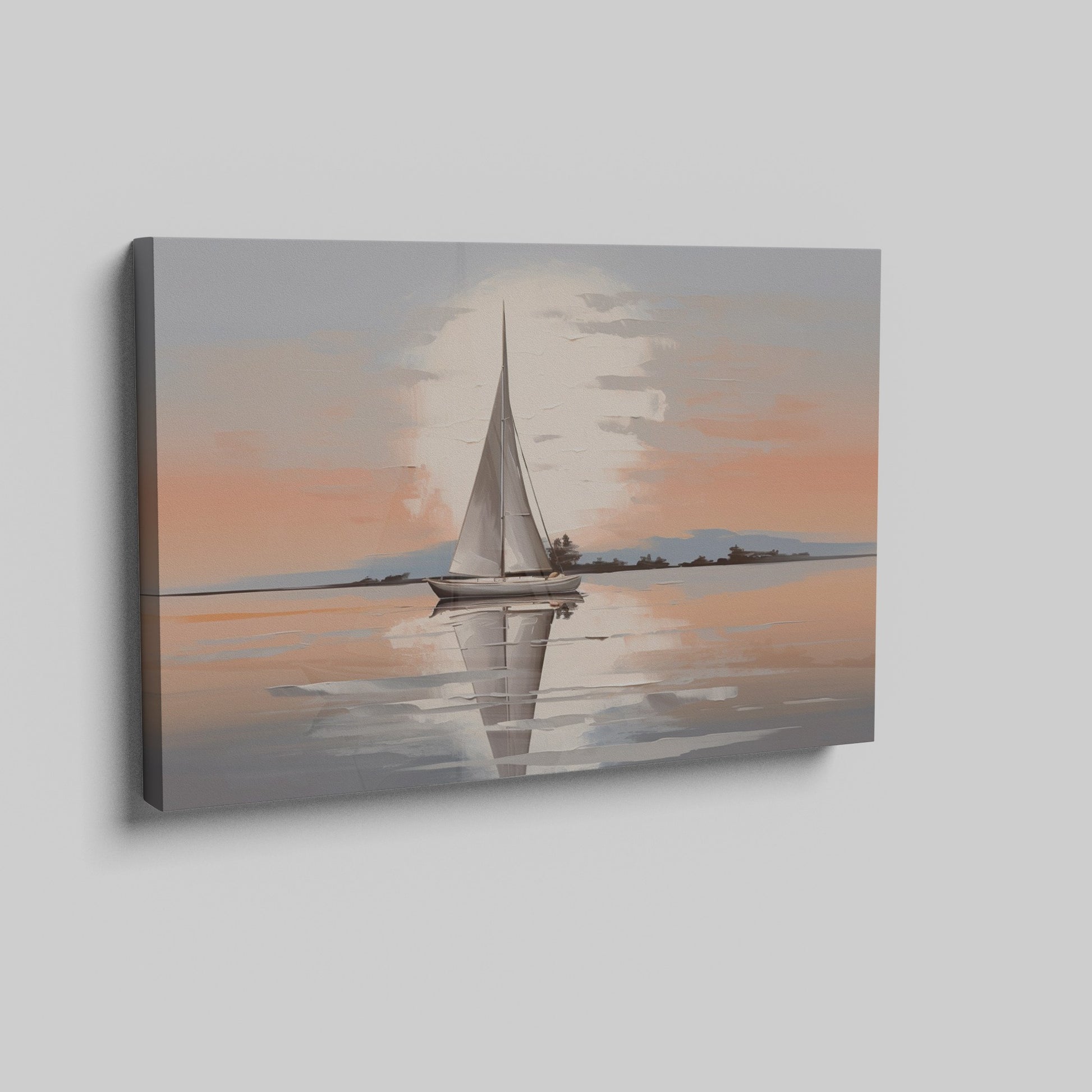 Framed canvas print of a sailboat at sunset with reflections on tranquil waters