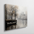 Framed canvas print of a historic chateau reflected on a lake with autumn trees and a rowboat in a misty scene