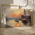 Framed canvas print of London's Westminster skyline at sunset with soft orange and blue tones