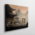 Framed canvas print of serene oriental pagoda scene with misty mountains and figures with umbrellas