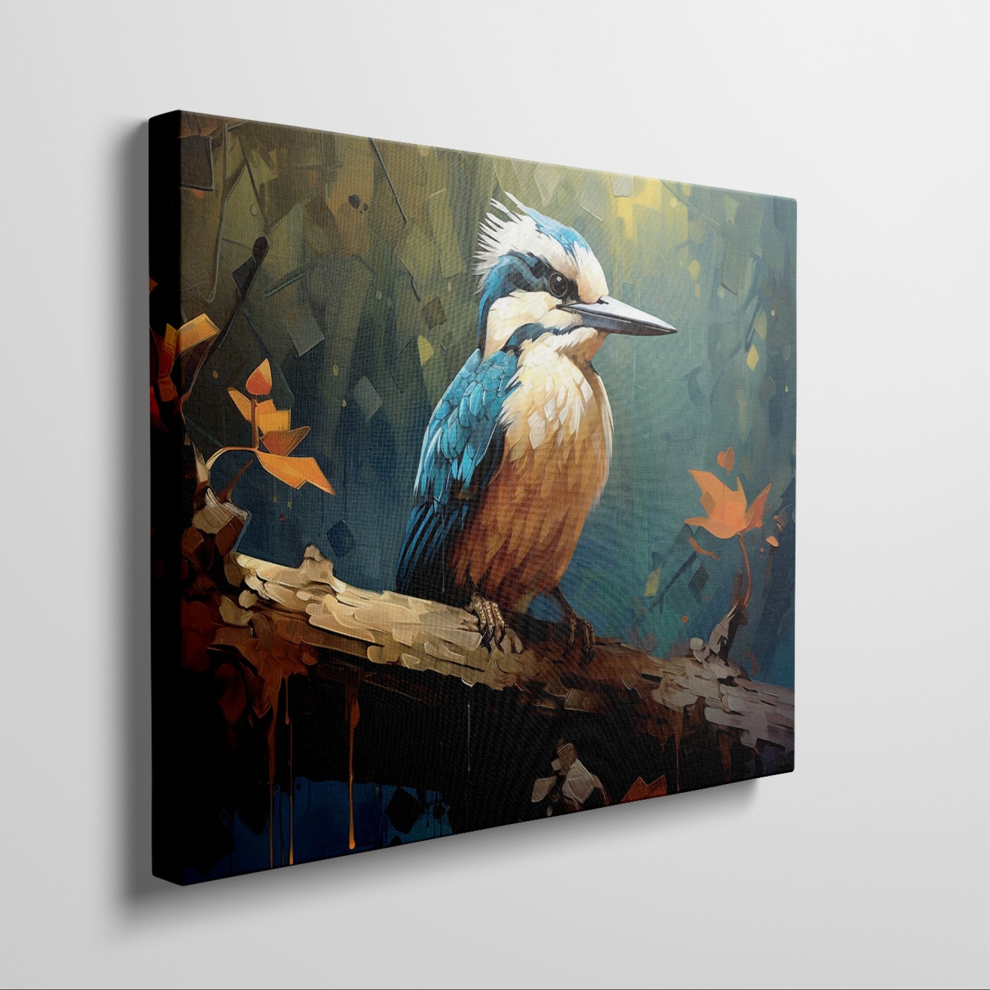 Framed canvas print featuring a vibrant digital art depiction of a kingfisher with autumnal elements