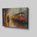 Framed canvas print of an abstract evening train station scene with golden hues and a glowing train