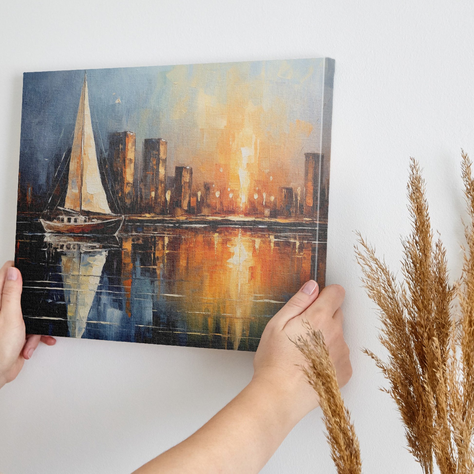 Impressionist painting of a sailboat on calm waters with a sunset reflecting off a city skyline