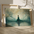 Framed canvas print of an ethereal woman amid a teal and gold enchanted forest