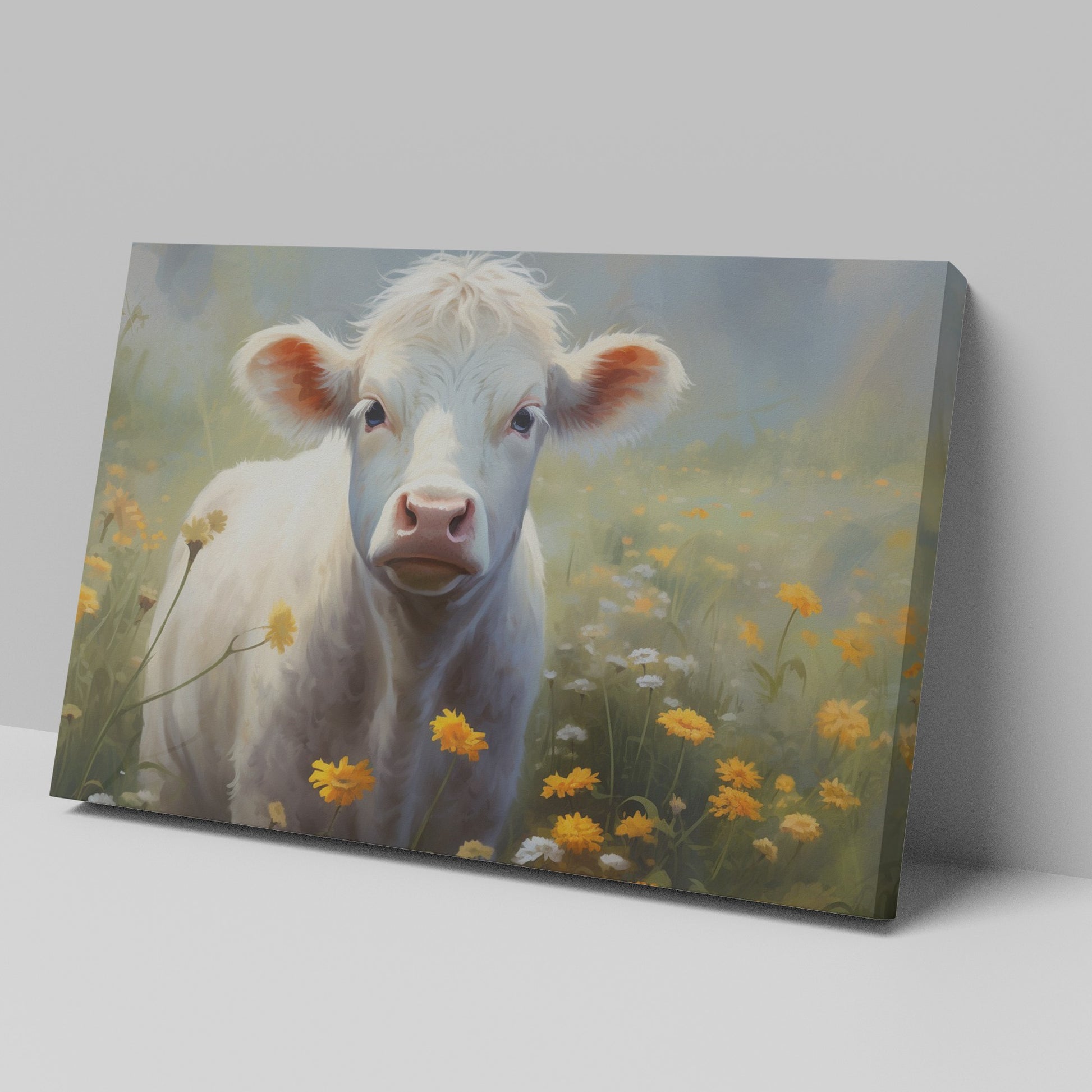 Framed canvas print of a serene cow surrounded by a vibrant wildflower meadow