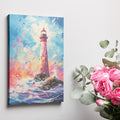 Framed canvas print of an abstract lighthouse and seascape with bold, vibrant colours