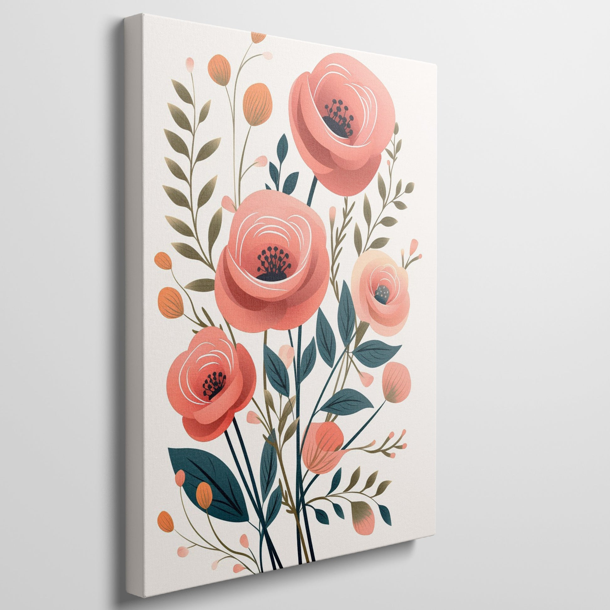 Framed canvas print of stylised red and peach blossoms with green foliage