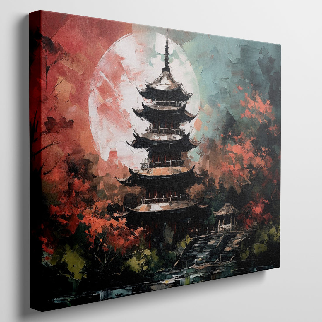 Framed canvas print of an oriental pagoda in crimson and teal colours with moonlit scenery