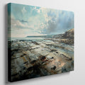 Framed canvas print of a serene watercolour coastal landscape with soft blues and natural earthy tones