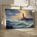 Framed canvas print of a lighthouse by the sea at sunset with crashing waves