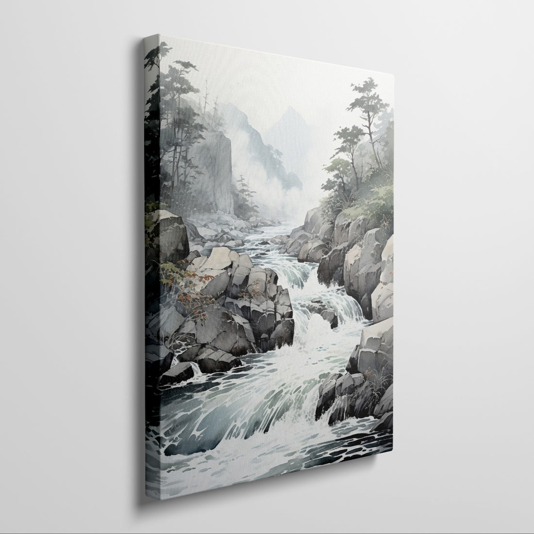 Framed canvas print of traditional Asian landscape with mountain stream and misty forest